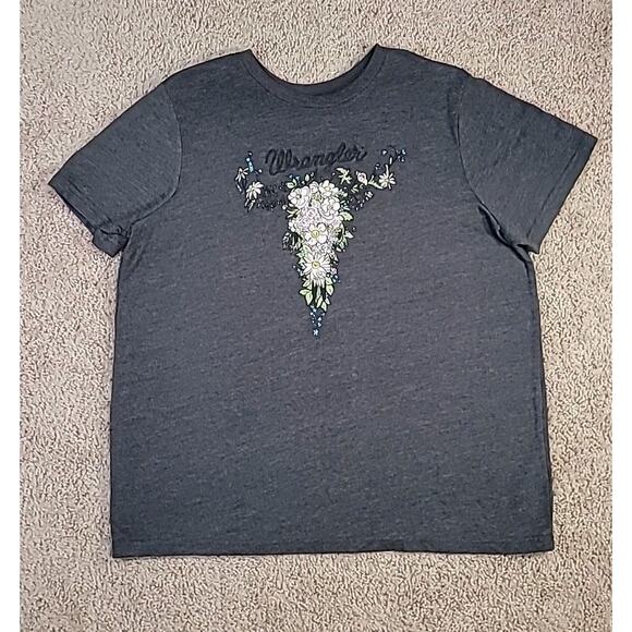 Wrangler Cowgirl Rodeo Tee Cow Skull Floral Gray T-Shirt Women’s L • EUC - Picture 1 of 6